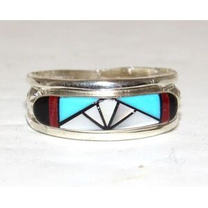 Vintage Zuni Coral Turquoise Inlay Band Ring Size 7 Sterling Silver